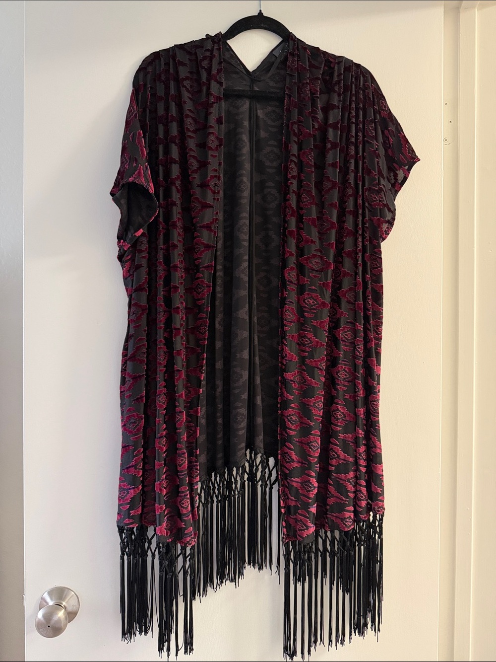 Astr Black and Dark Pink Fringe Kimono Cardigan